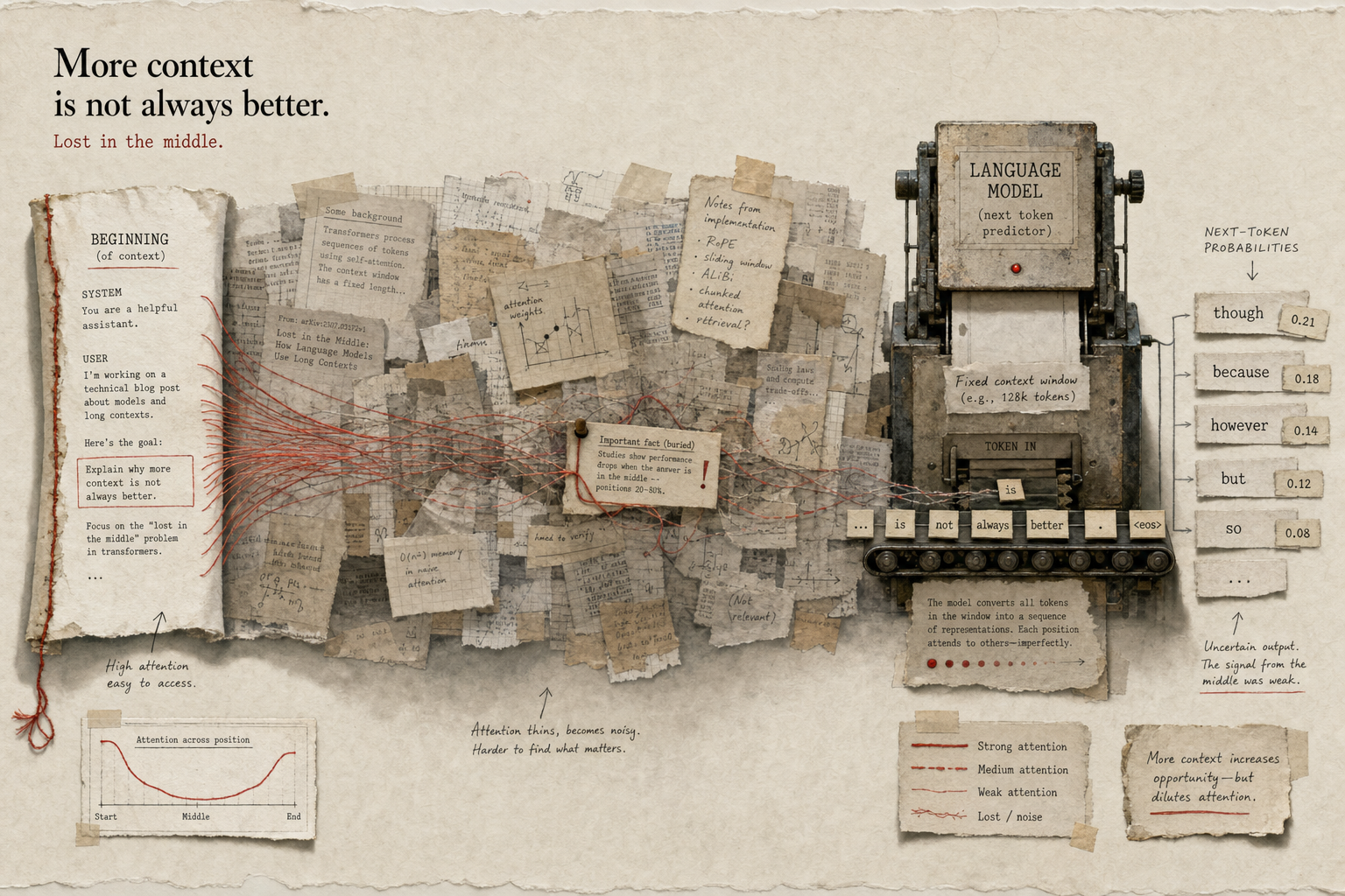 Mixed-media diagram showing a long context window where useful information can get buried in the middle.