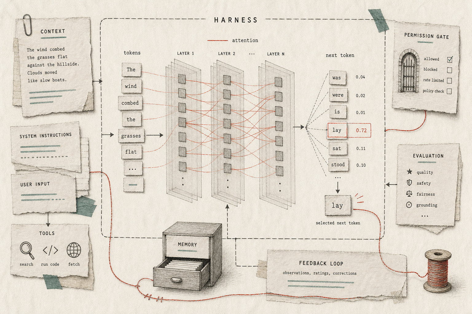 Mixed-media diagram showing context, system instructions, user input, tools, tokens, attention layers, next-token probabilities, permission gates, evaluation, memory, and feedback loop inside an AI harness.